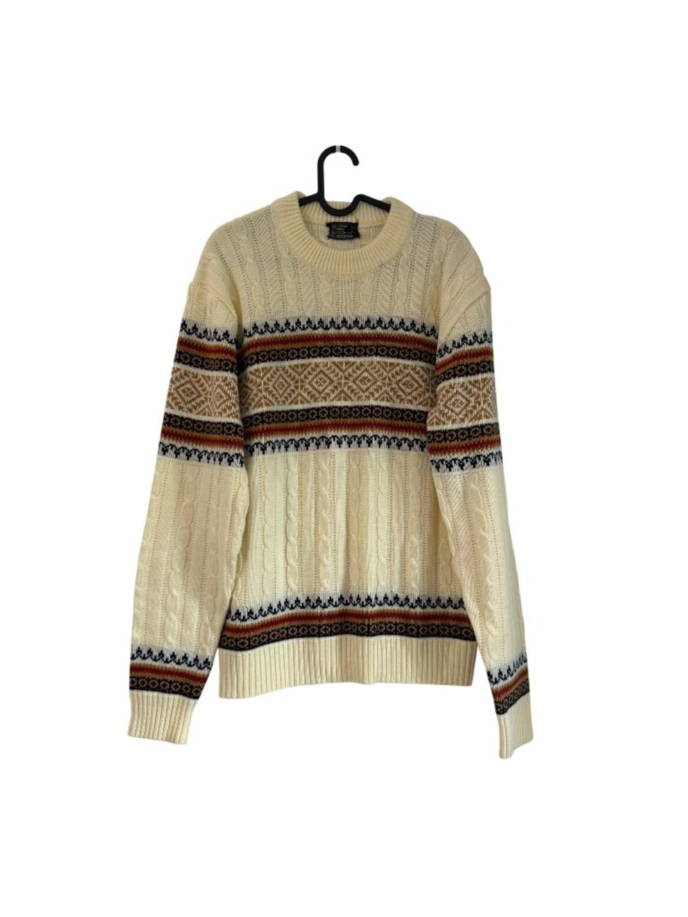 Vintage JCPenney Fair Isle Neutral Crewneck Cable Knit Jumper Sweater Mens Large